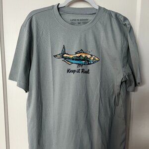 NWT Life Is Good Fishing Keep It Reel Gray T-Shirt Unisex Size M